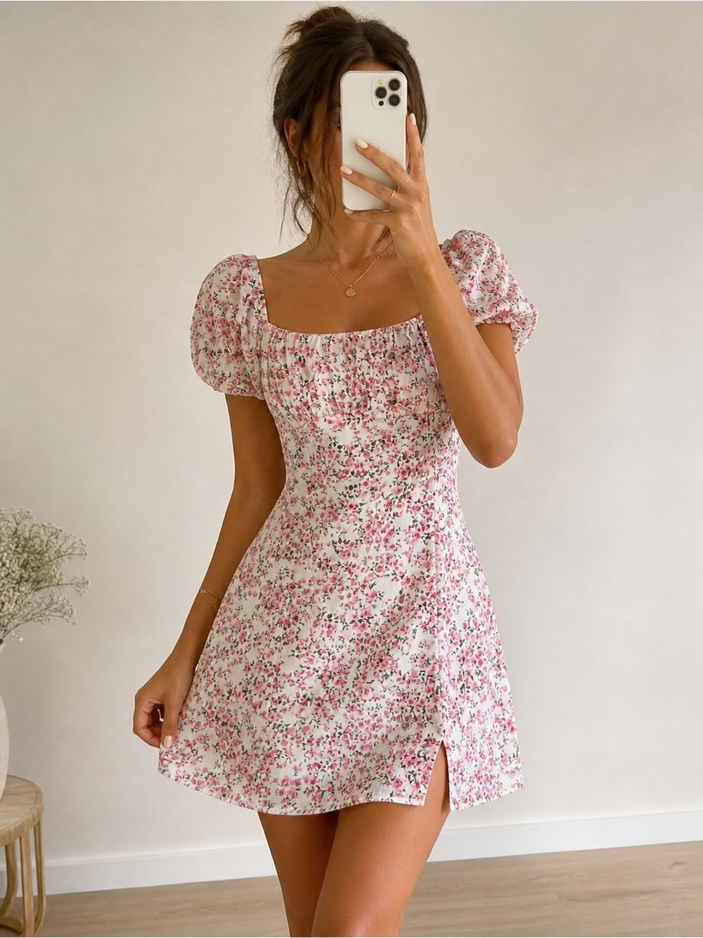 Pink Floral Puff Sleeve Mini Dress